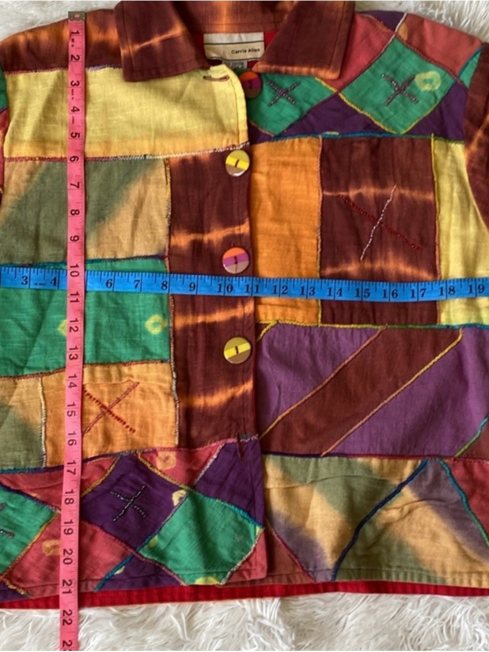 Carrie Allen Colorblock Patchwork Button-Up Jacket in Teal, Purple & Mustard - Picture 6 of 8